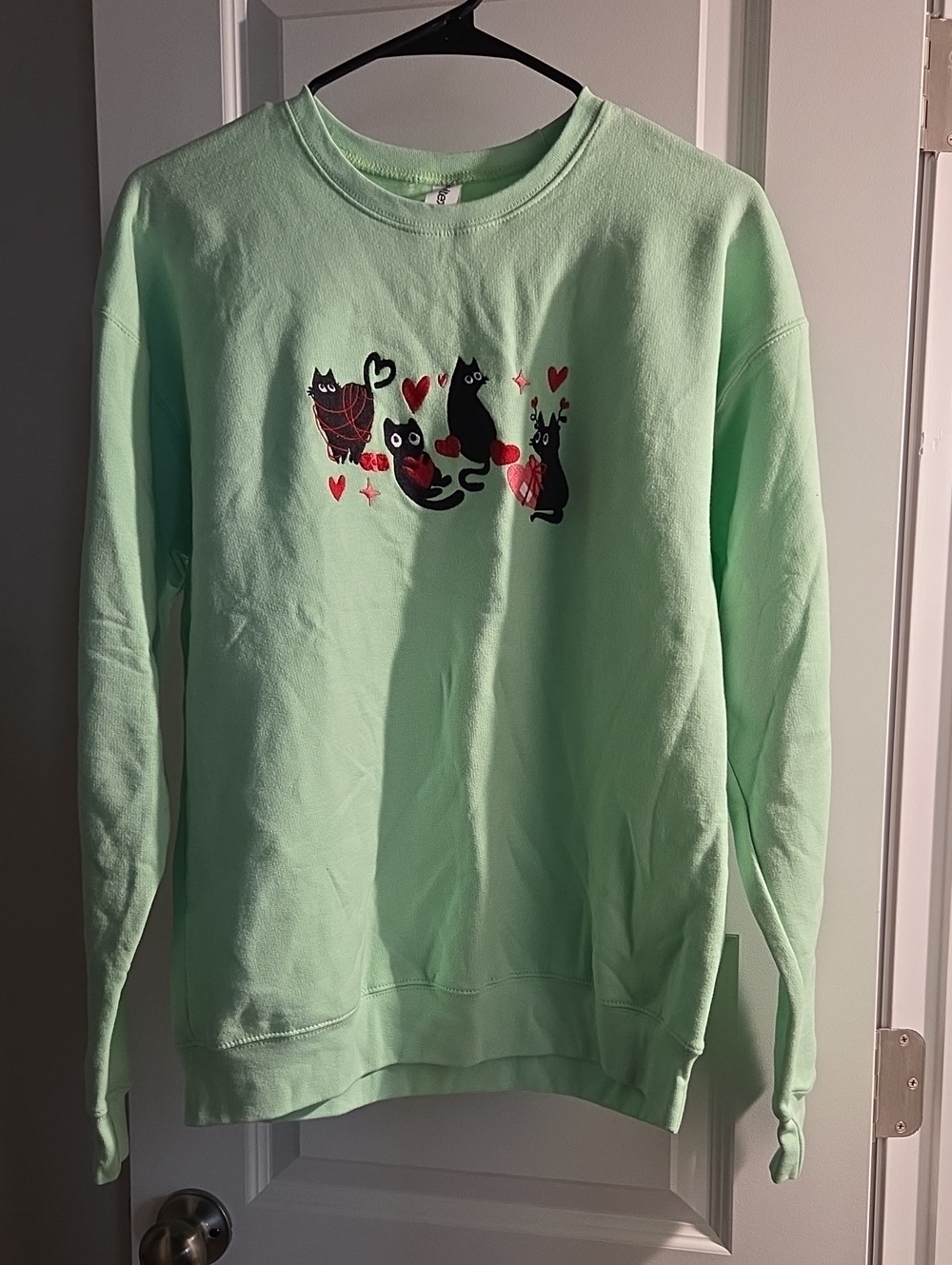 Cute Cat Graphic Crewneck Sweatshirt - Mint Green NWOT